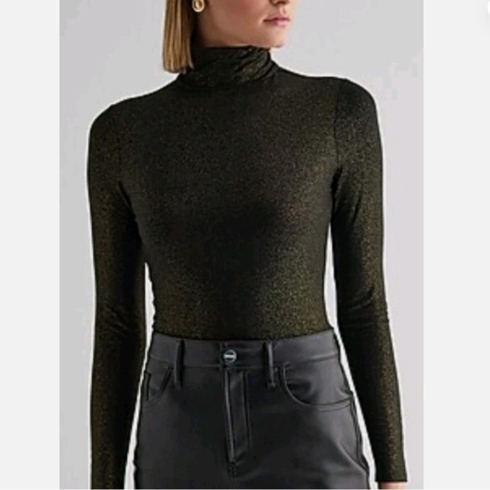 Express Womens Fitted Mock Neck Black Gold Metallic Long Sleeve Bodysuit Size S